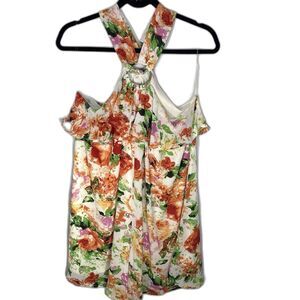 Anthropologie ENTRO Dress Mini Halter Cold Shoulder Ruffle Floral Boho Womens L